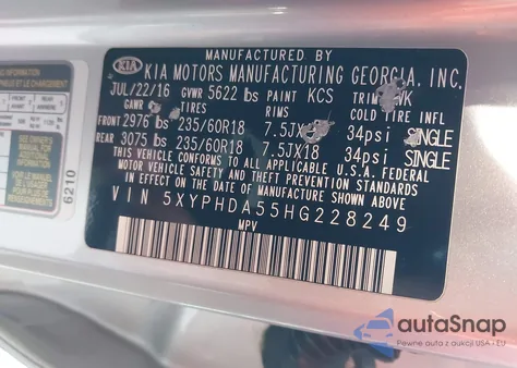 2017 Kia Sorento 3.3L Ex из США, поврежденный, VIN 5XYPHDA55HG228249